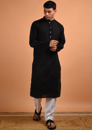 Mens Black Cotton Plain Kurta Pajama