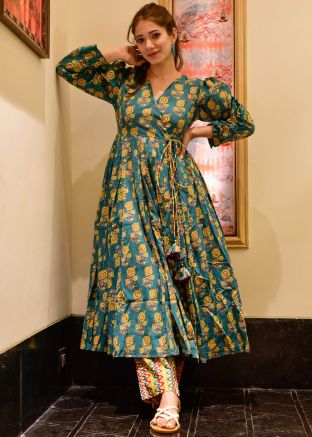 Blue Readymade Printed Cotton Kurta With Pant