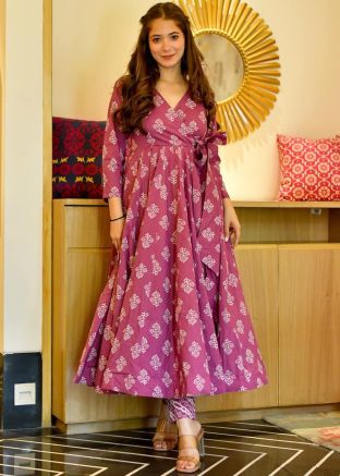 Mauve Pink Readymade Printed Kurta Set In Cotton