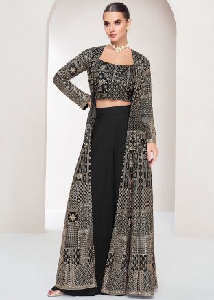 Black Readymade Crop Top And Bottom In Georgette