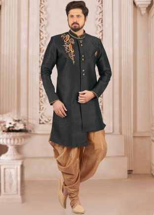 Black Embroidered Indo Western Sherwani With Dhoti