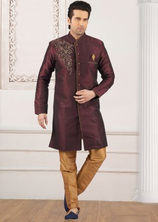 Purple Embroidered Indo Western Sherwani Set