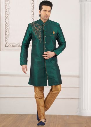 Green Embroidered Indo Western Sherwani Set