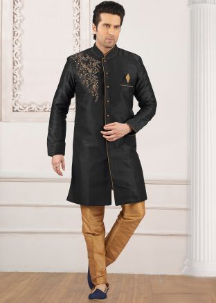 Black Embroidered Indo Western Sherwani Set