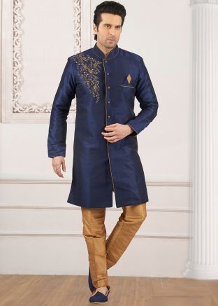 Blue Embroidered Indo Western Sherwani Set