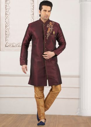 Maroon Embroidered Indo Western Sherwani Set