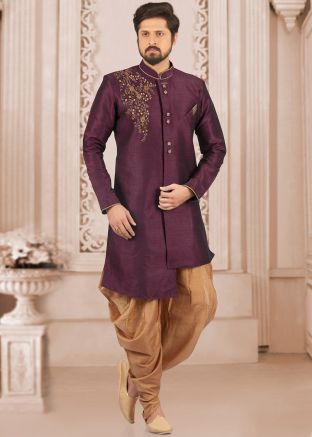 Purple Embroidered Indo Western Sherwani With Dhoti