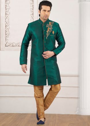 Green Embroidered Indo Western Sherwani Set