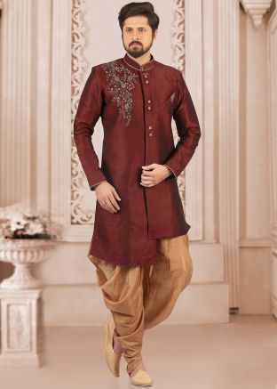 Maroon Embroidered Indo Western Sherwani With Dhoti