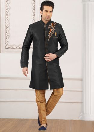 Black Embroidered Indo Western Sherwani Set