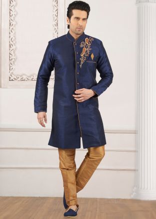 Blue Embroidered Indo Western Sherwani Set