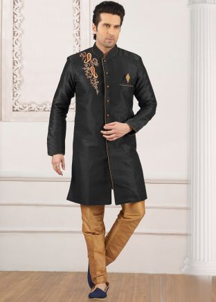 Black Embroidered Indo Western Sherwani Set