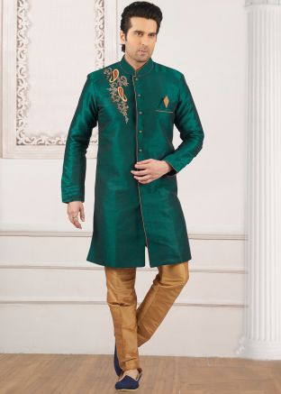 Green Embroidered Indo Western Sherwani Set