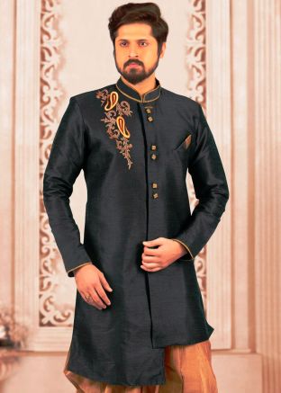 Black Indo Western Mens Sherwani In Dupion Silk