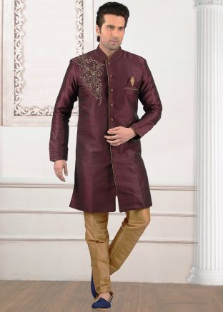 Maroon Indo Western Mens Dupion Silk Sherwani