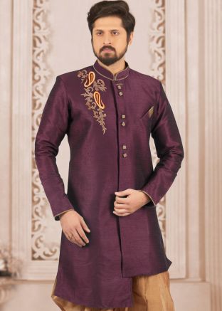 Purple Dupion Silk Mens Sherwani In Indo Western 