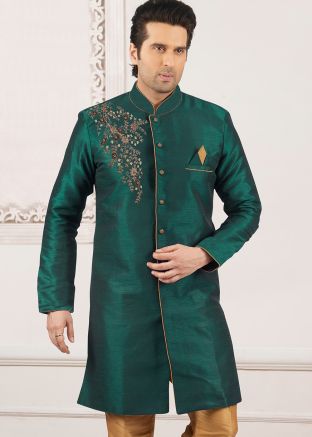 Green Embroidered Dupion Silk Indo Western Sherwani