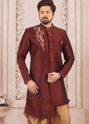 Maroon Indo Western Mens Dupion Silk Sherwani 