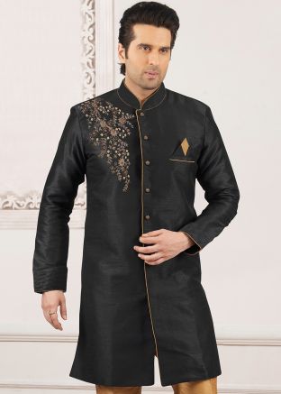Black Indo Western Mens Sherwani In Dupion Silk