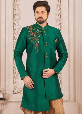 Green Embroidered Dupion Silk Indo Western Sherwani