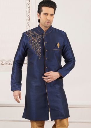 Blue Embroidered Indo Western Dupion Silk Mens Sherwani 