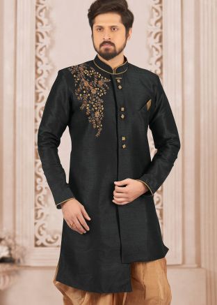 Black Indo Western Mens Sherwani In Dupion Silk