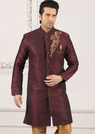 Wine Dupion Silk Mens Sherwani In Indo Western 