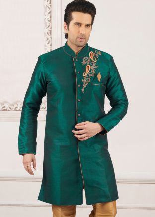Green Embroidered Dupion Silk Indo Western Sherwani