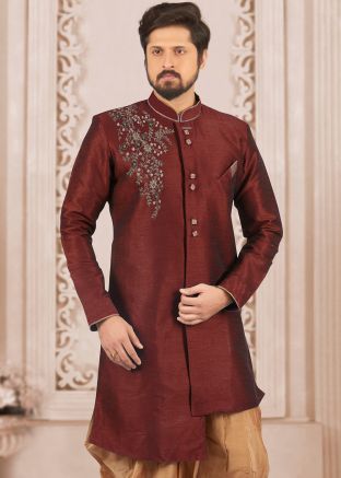 Maroon Indo Western Mens Dupion Silk Sherwani 