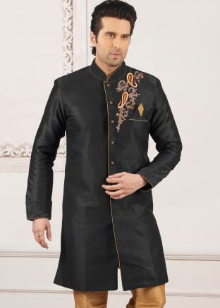 Black Indo Western Dupion Silk Mens Sherwani 