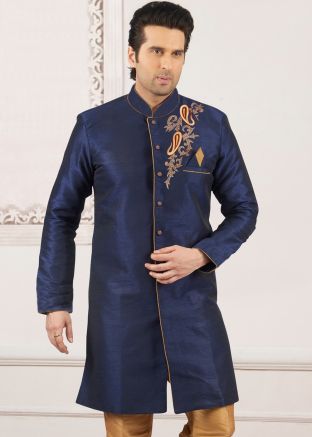Blue Embroidered Indo Western Dupion Silk Mens Sherwani 