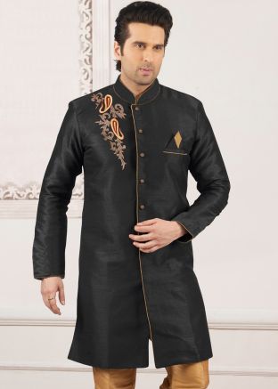 Black Indo Western Mens Sherwani In Dupion Silk