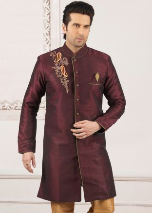 Wine Dupion Silk Mens Sherwani In Indo Western 