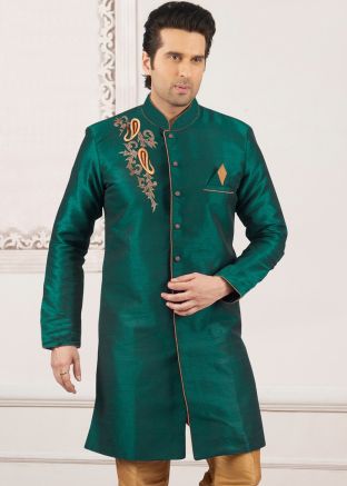 Green Embroidered Dupion Silk Indo Western Sherwani