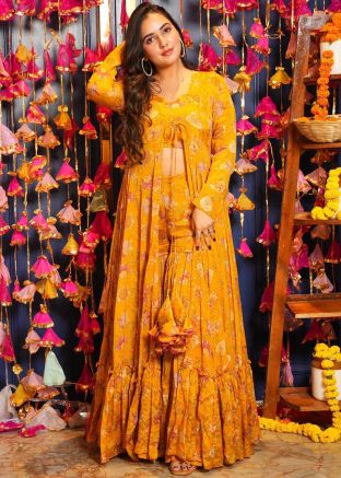 Yellow Printed Readymade Jacket Style Co-Ord Set