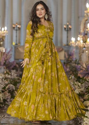 Green Readymade Printed Co- Ord Set In Jacket Style