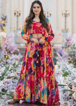 Multicolor Readymade Jacket Style Co- Ord Set In Print