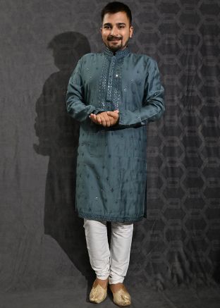 Readymade Blue Embroidered Kurta Pajama Set