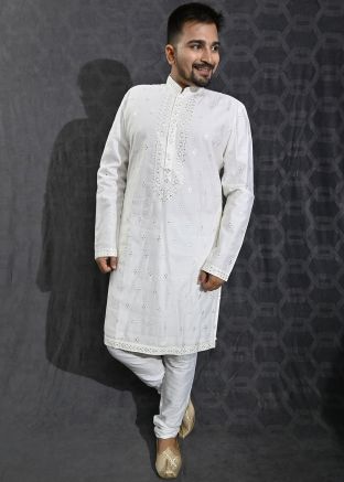 White Embroidered Readymade Kurta Pajama Set