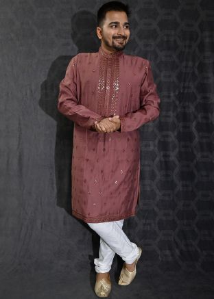 Mauve Pink Embroidered Kurta Pajama In Cotton