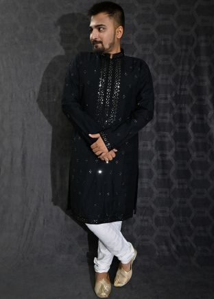 Black Thread Embroidered Kurta Churidaar Set