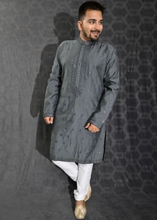Grey Readymade Embroidered Kurta Pajama