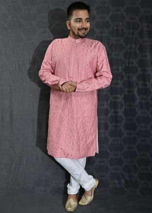 Pink Embroidered Mens Kurta Pajama Set