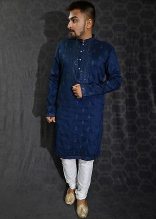 Mens Blue Embroidered Kurta With Pajama