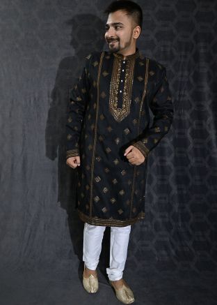 Black Mens Kurta Pajama In Thread Embroidery