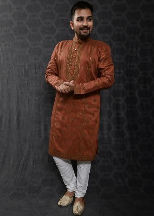 Readymade Brown Art Silk Embroidered Kurta Pajama