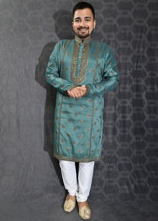 Green Mens Embroidered Kurta With Churidaar