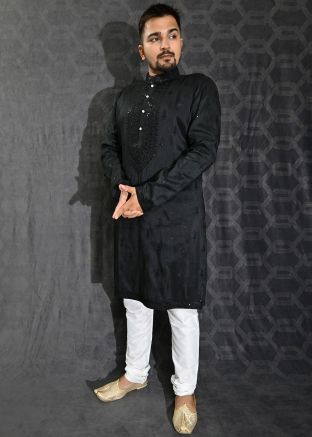 Black Embroidered Art Silk Kurta Pajama