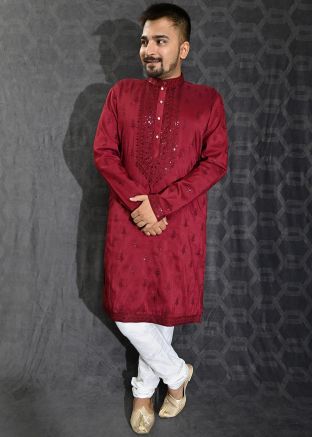 Mens Maroon Embroidered Kurta Pajama Set
