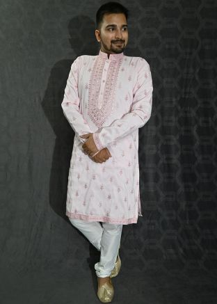 Mens Pink Embroidered Kurta Churidaar Set